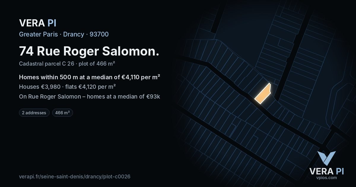 74 Rue Roger Salomon, Drancy at night – the plot lit, the parcels around coloured by the prices near them
