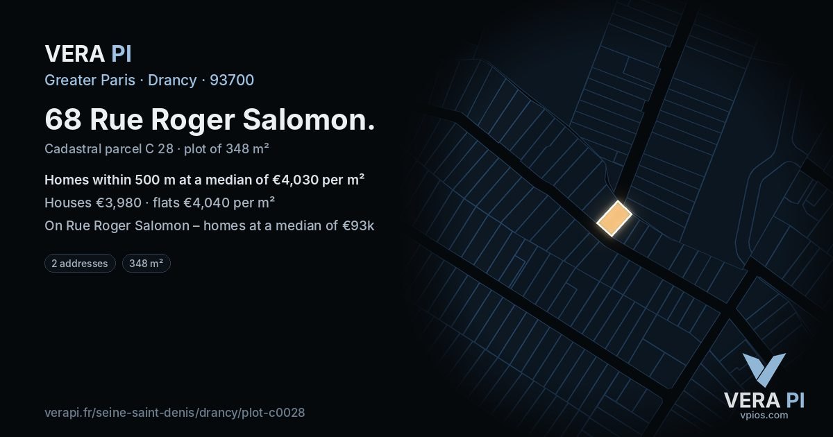 68 Rue Roger Salomon, Drancy at night – the plot lit, the parcels around coloured by the prices near them