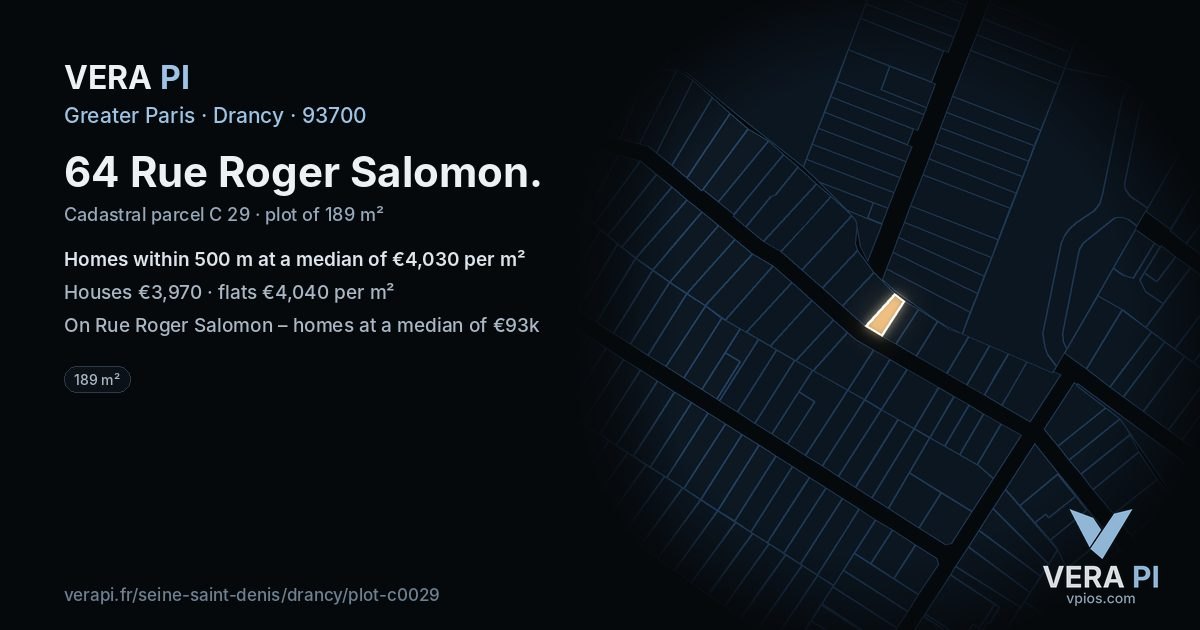 64 Rue Roger Salomon, Drancy at night – the plot lit, the parcels around coloured by the prices near them