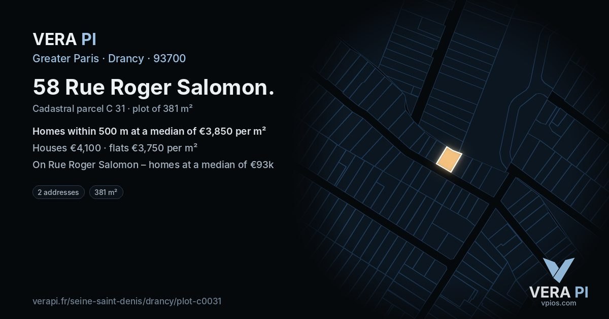 58 Rue Roger Salomon, Drancy at night – the plot lit, the parcels around coloured by the prices near them