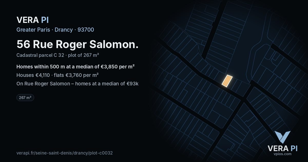 56 Rue Roger Salomon, Drancy at night – the plot lit, the parcels around coloured by the prices near them