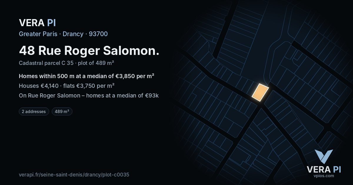 48 Rue Roger Salomon, Drancy at night – the plot lit, the parcels around coloured by the prices near them
