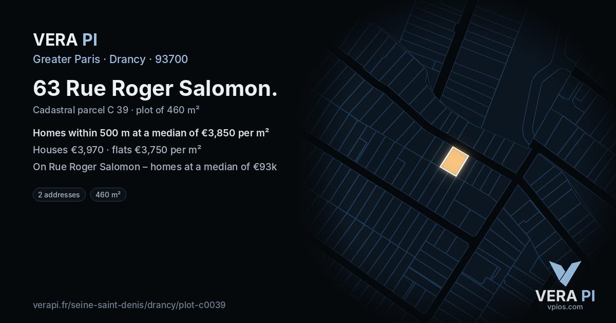 63 Rue Roger Salomon, Drancy at night – the plot lit, the parcels around coloured by the prices near them