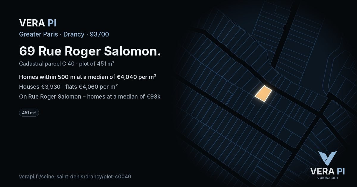 69 Rue Roger Salomon, Drancy at night – the plot lit, the parcels around coloured by the prices near them
