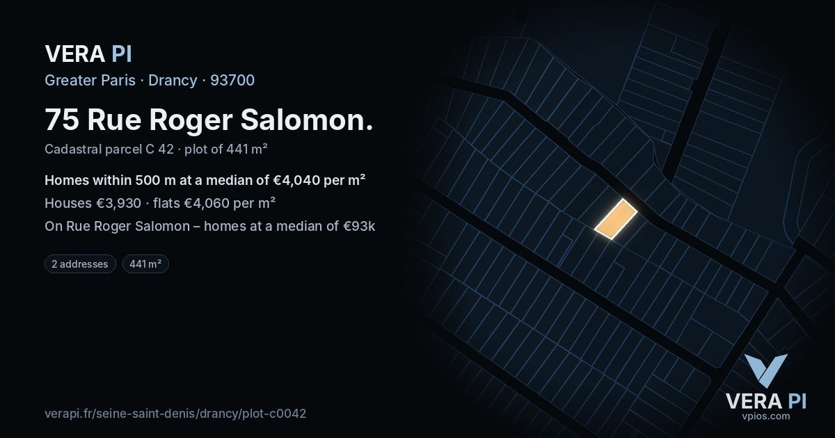 75 Rue Roger Salomon, Drancy at night – the plot lit, the parcels around coloured by the prices near them
