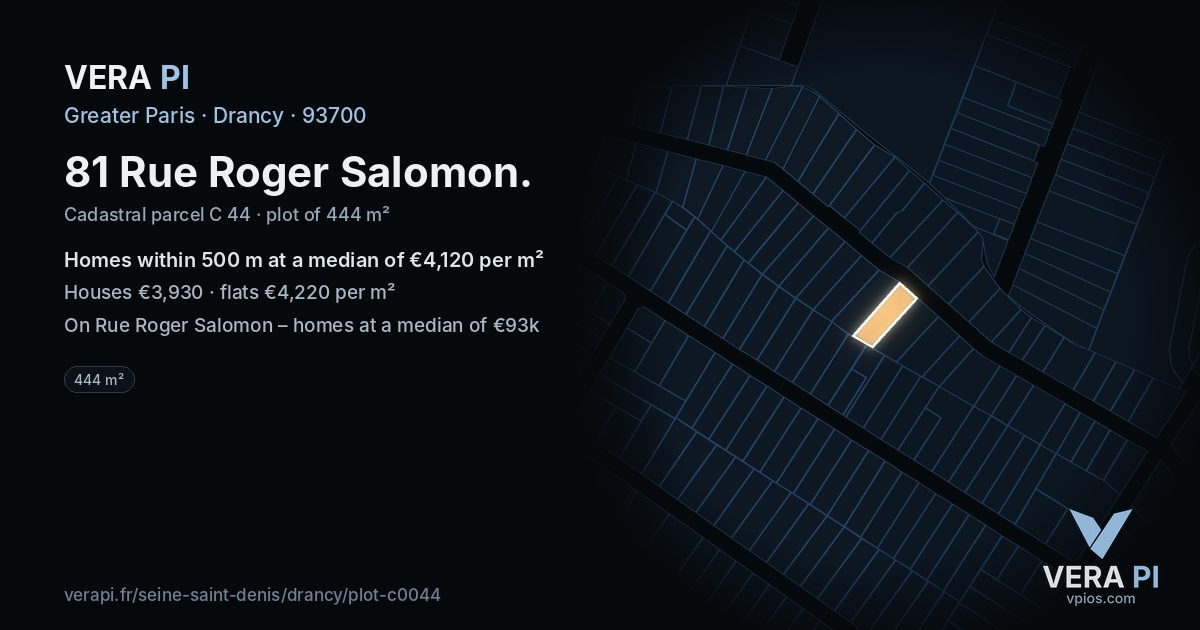 81 Rue Roger Salomon, Drancy at night – the plot lit, the parcels around coloured by the prices near them
