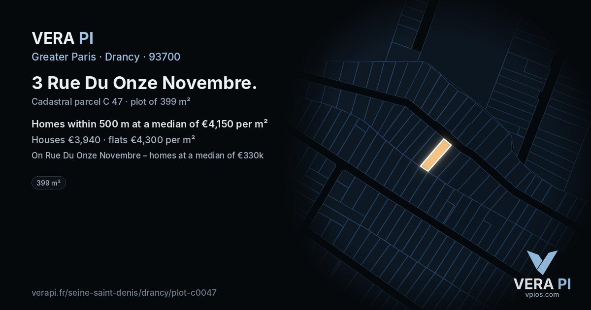 3 Rue Du Onze Novembre, Drancy at night – the plot lit, the parcels around coloured by the prices near them
