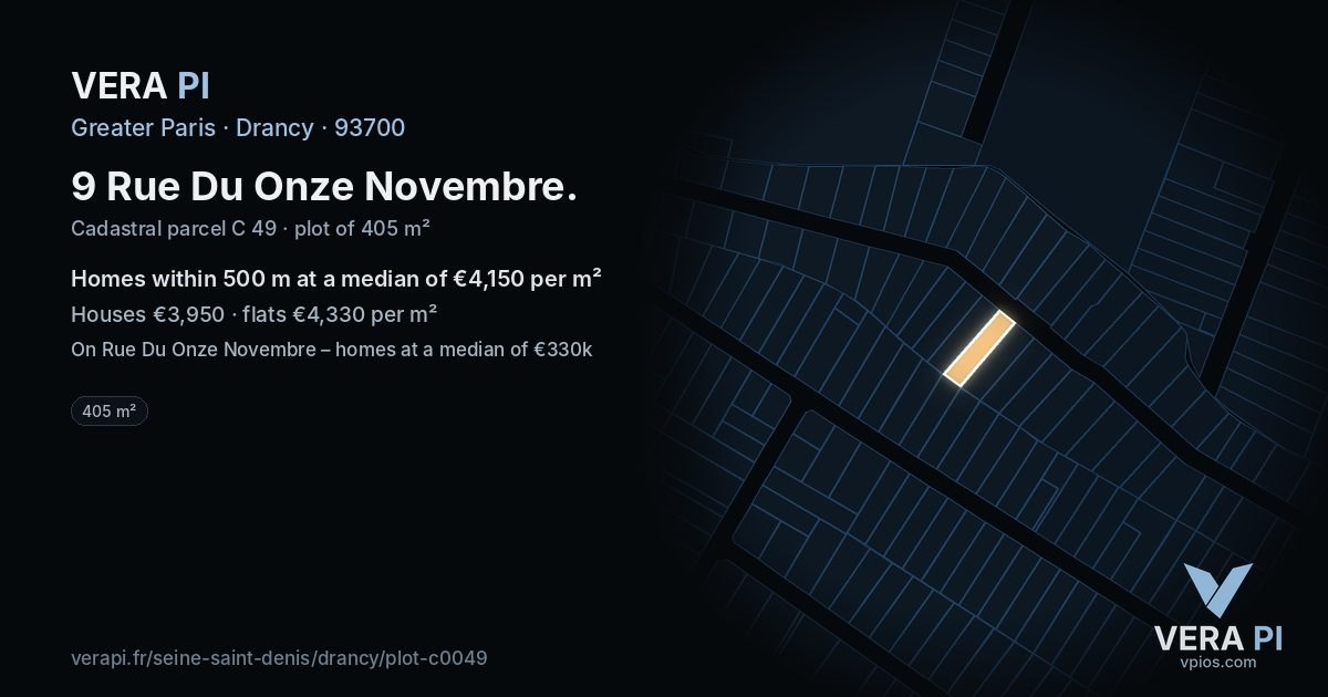 9 Rue Du Onze Novembre, Drancy at night – the plot lit, the parcels around coloured by the prices near them