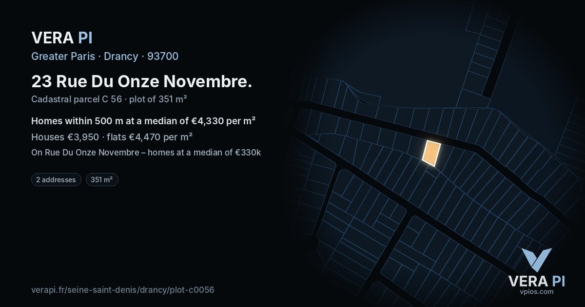 23 Rue Du Onze Novembre, Drancy at night – the plot lit, the parcels around coloured by the prices near them