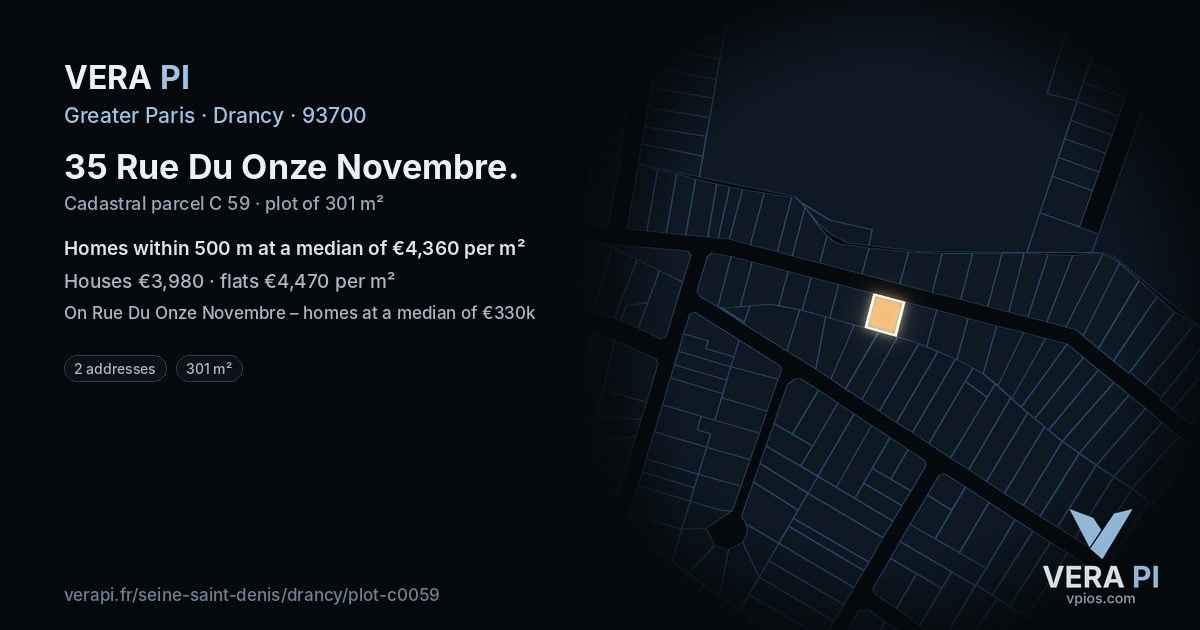 35 Rue Du Onze Novembre, Drancy at night – the plot lit, the parcels around coloured by the prices near them