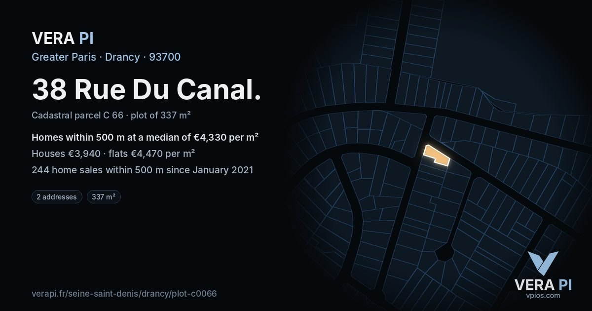 38 Rue Du Canal, Drancy at night – the plot lit, the parcels around coloured by the prices near them