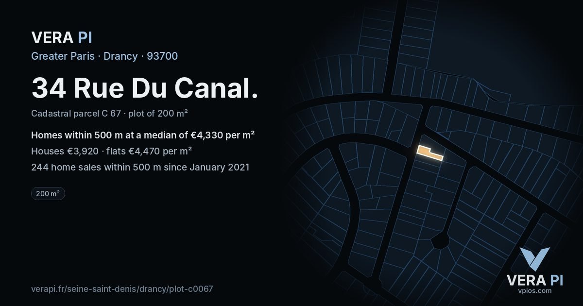 34 Rue Du Canal, Drancy at night – the plot lit, the parcels around coloured by the prices near them