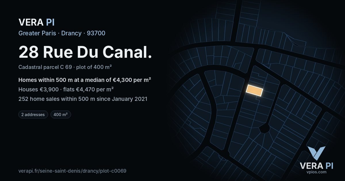 28 Rue Du Canal, Drancy at night – the plot lit, the parcels around coloured by the prices near them