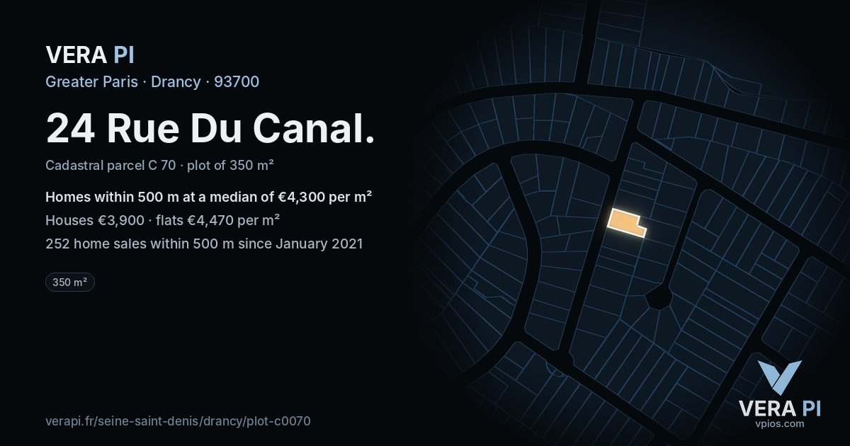 24 Rue Du Canal, Drancy at night – the plot lit, the parcels around coloured by the prices near them