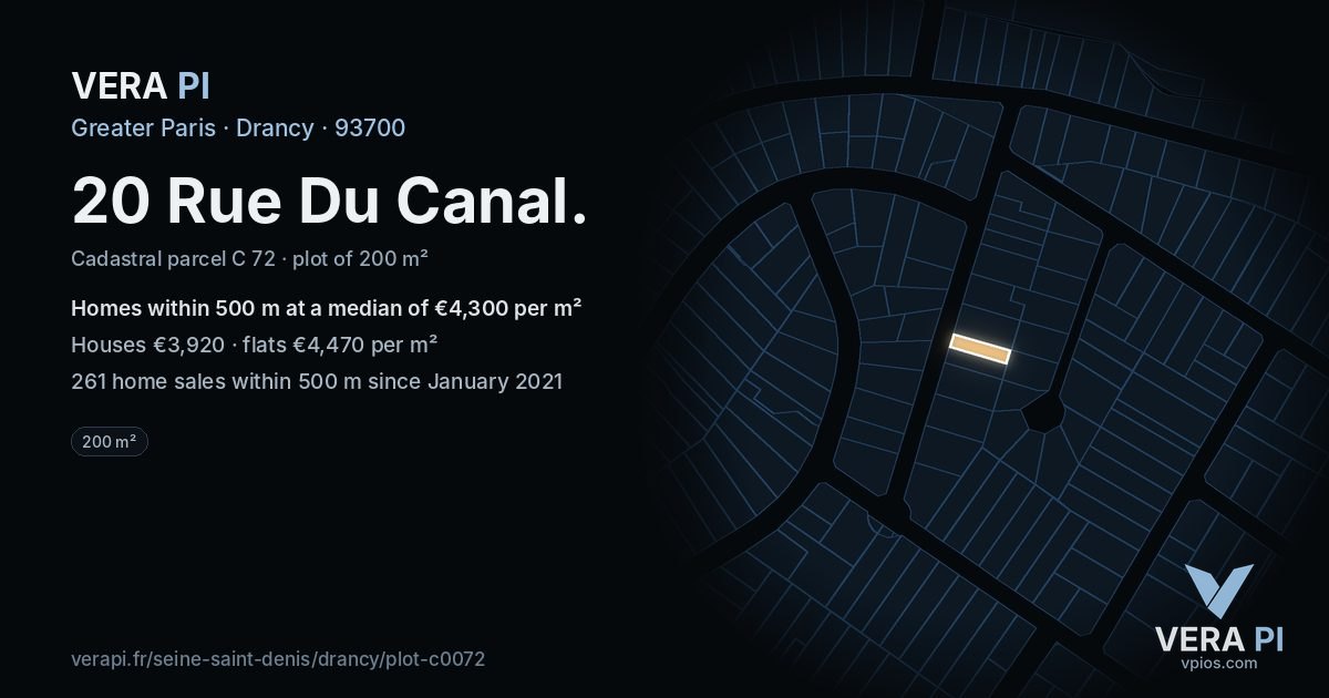 20 Rue Du Canal, Drancy at night – the plot lit, the parcels around coloured by the prices near them