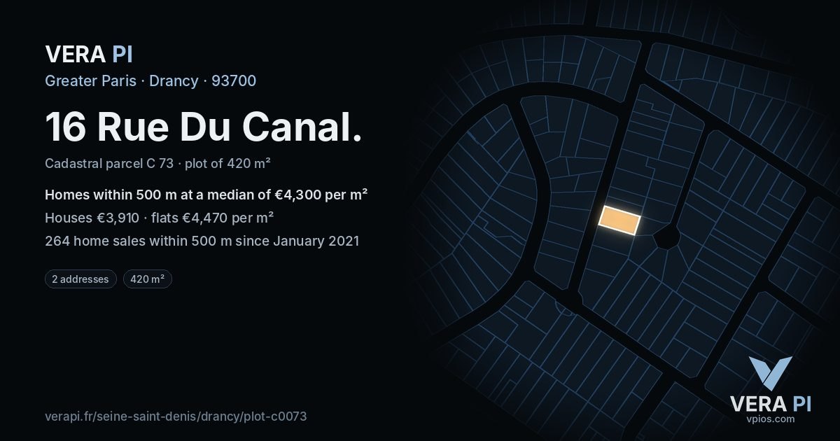 16 Rue Du Canal, Drancy at night – the plot lit, the parcels around coloured by the prices near them