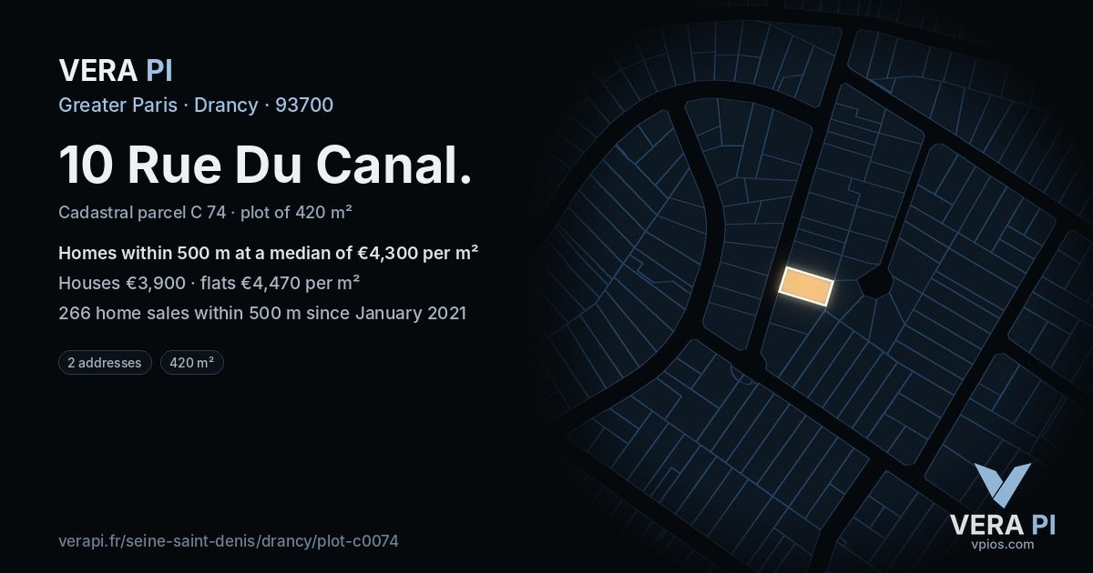 10 Rue Du Canal, Drancy at night – the plot lit, the parcels around coloured by the prices near them