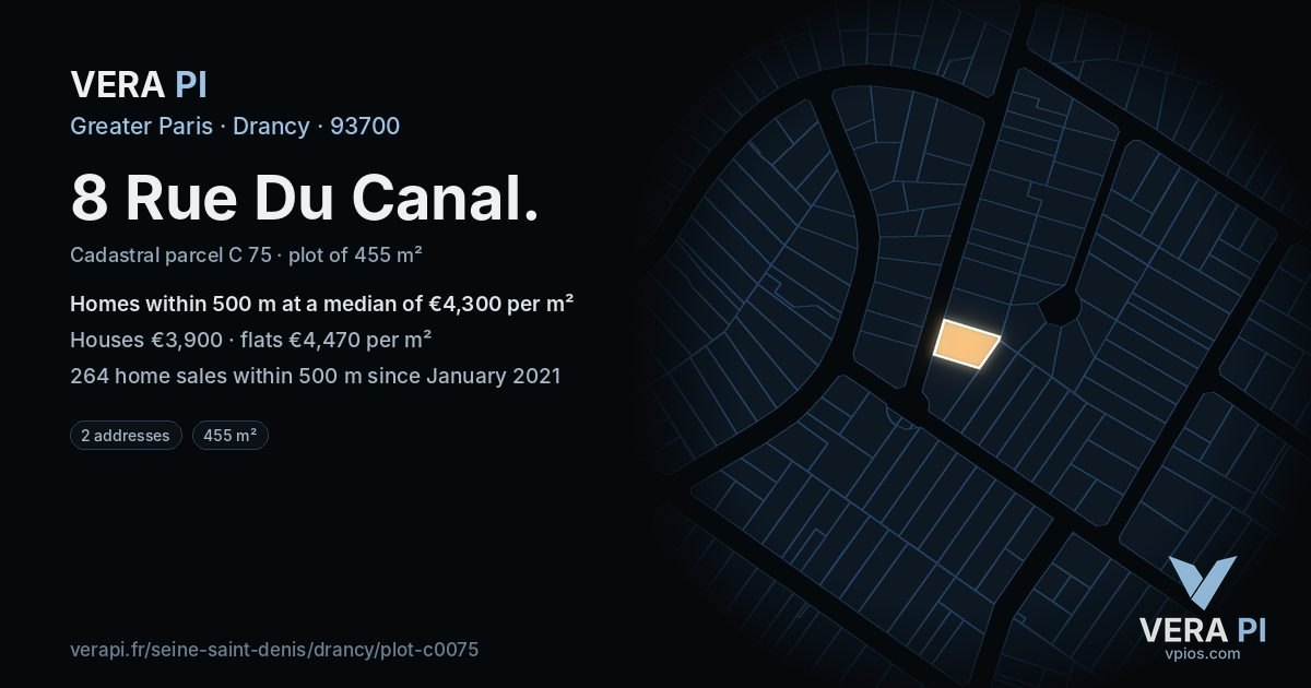 8 Rue Du Canal, Drancy at night – the plot lit, the parcels around coloured by the prices near them