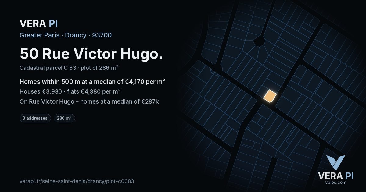 50 Rue Victor Hugo, Drancy at night – the plot lit, the parcels around coloured by the prices near them