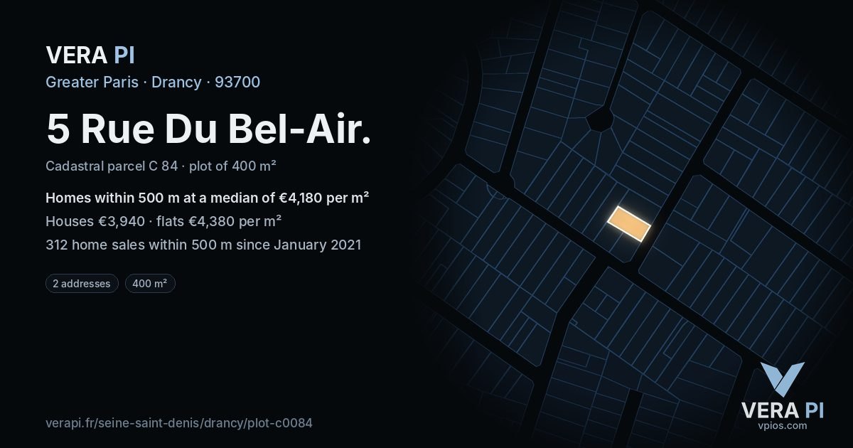 5 Rue Du Bel-Air, Drancy at night – the plot lit, the parcels around coloured by the prices near them