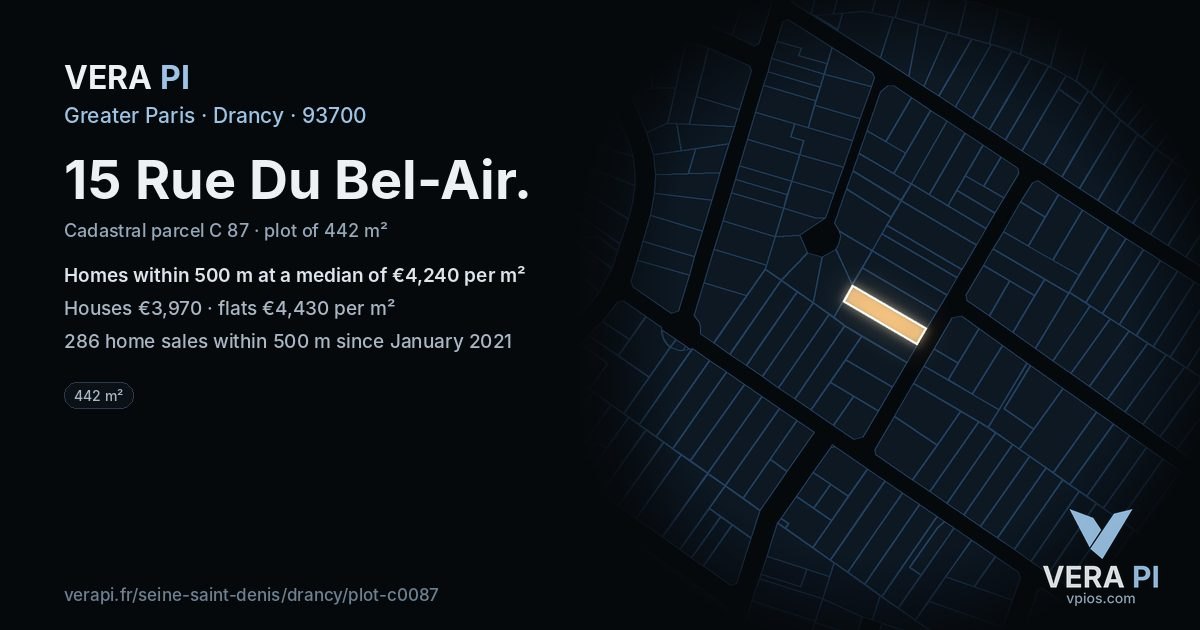 15 Rue Du Bel-Air, Drancy at night – the plot lit, the parcels around coloured by the prices near them