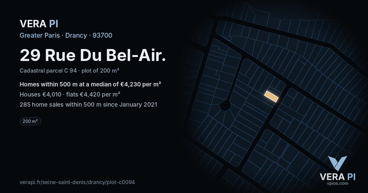 29 Rue Du Bel-Air, Drancy at night – the plot lit, the parcels around coloured by the prices near them