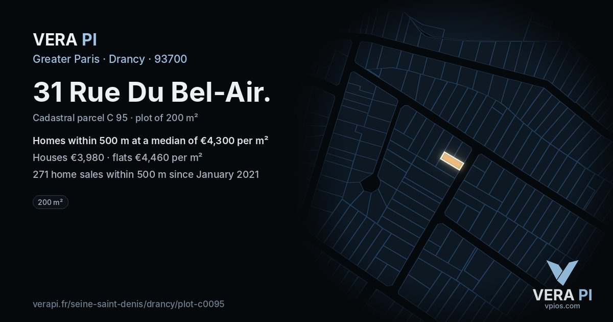 31 Rue Du Bel-Air, Drancy at night – the plot lit, the parcels around coloured by the prices near them