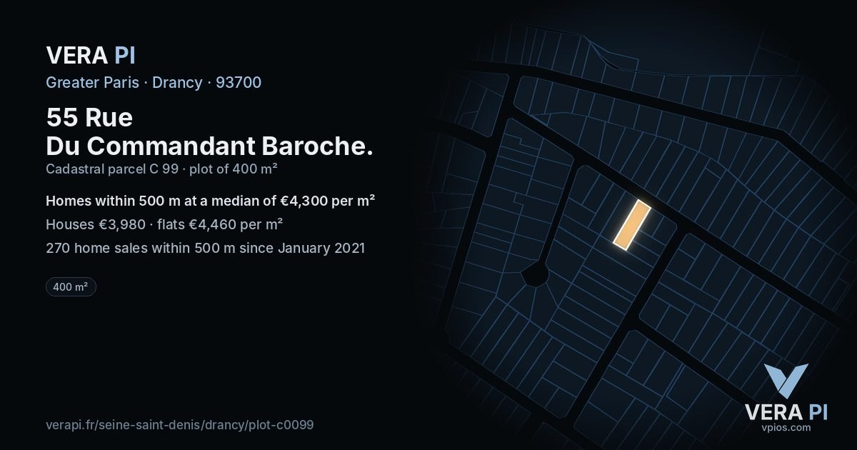 55 Rue Du Commandant Baroche, Drancy at night – the plot lit, the parcels around coloured by the prices near them