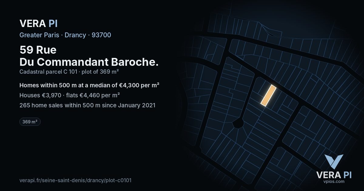59 Rue Du Commandant Baroche, Drancy at night – the plot lit, the parcels around coloured by the prices near them