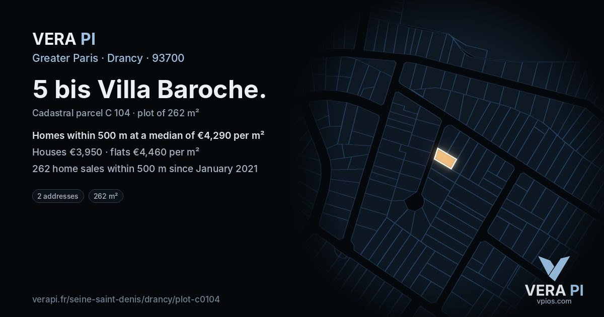 5 bis Villa Baroche, Drancy at night – the plot lit, the parcels around coloured by the prices near them