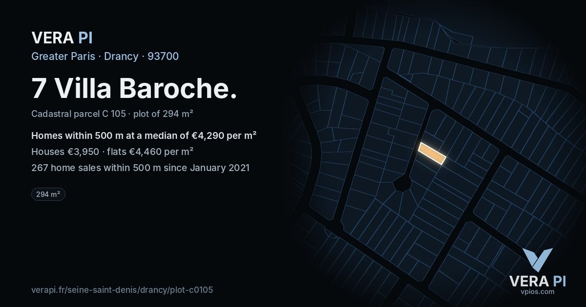 7 Villa Baroche, Drancy at night – the plot lit, the parcels around coloured by the prices near them