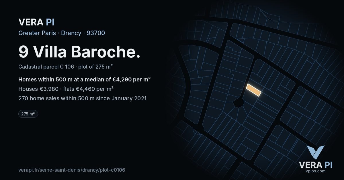 9 Villa Baroche, Drancy at night – the plot lit, the parcels around coloured by the prices near them