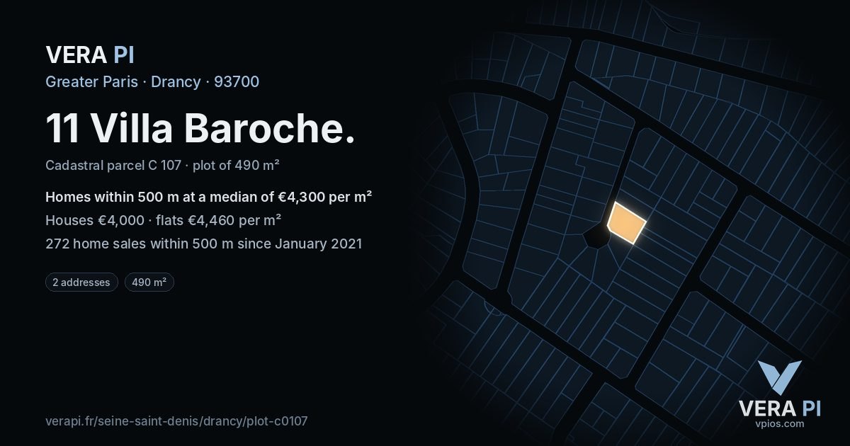 11 Villa Baroche, Drancy at night – the plot lit, the parcels around coloured by the prices near them