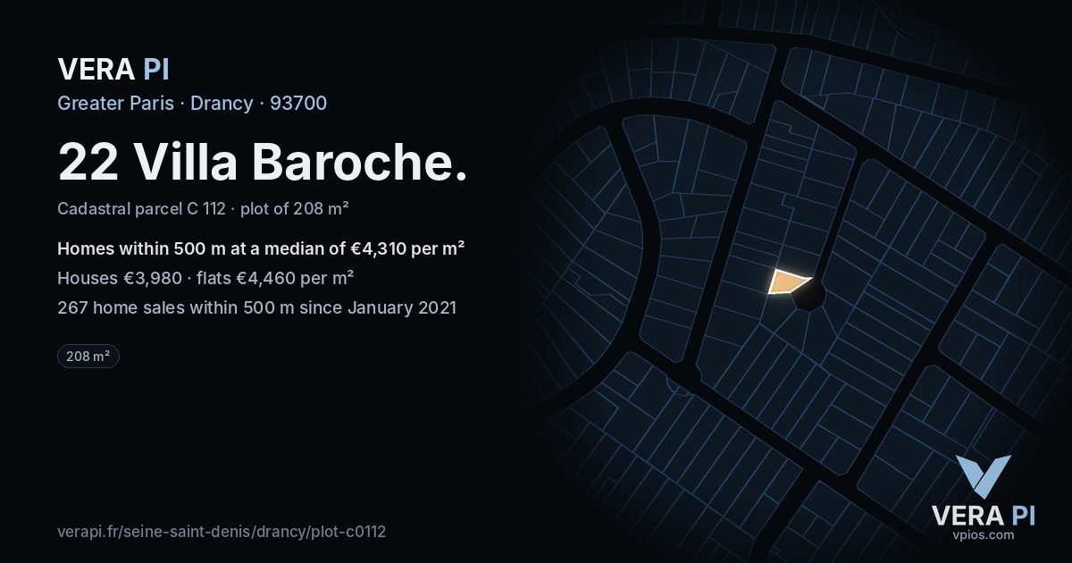 22 Villa Baroche, Drancy at night – the plot lit, the parcels around coloured by the prices near them