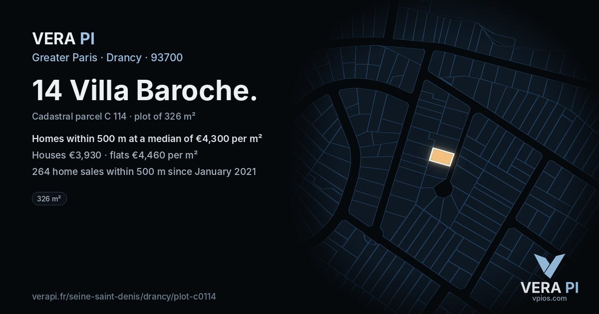 14 Villa Baroche, Drancy at night – the plot lit, the parcels around coloured by the prices near them