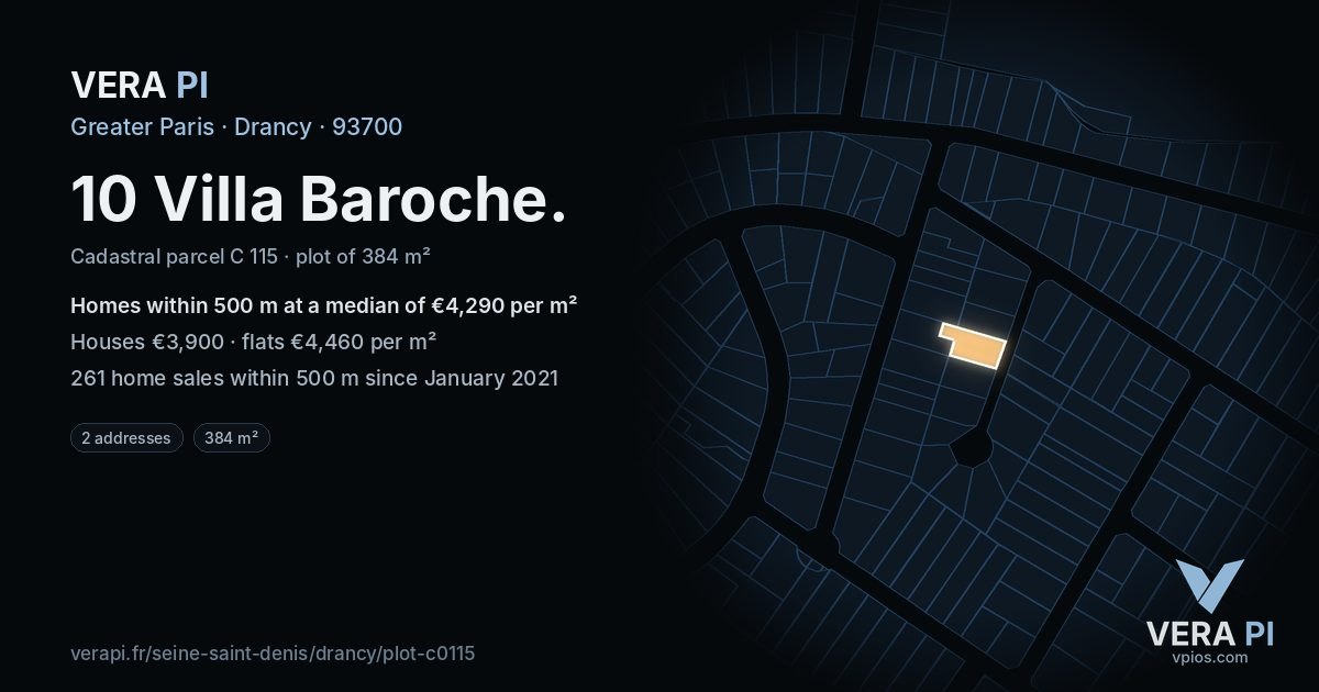 10 Villa Baroche, Drancy at night – the plot lit, the parcels around coloured by the prices near them