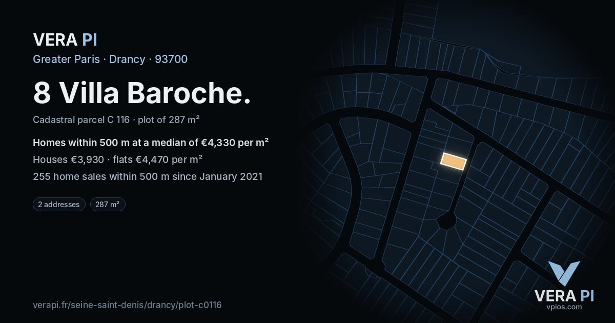 8 Villa Baroche, Drancy at night – the plot lit, the parcels around coloured by the prices near them
