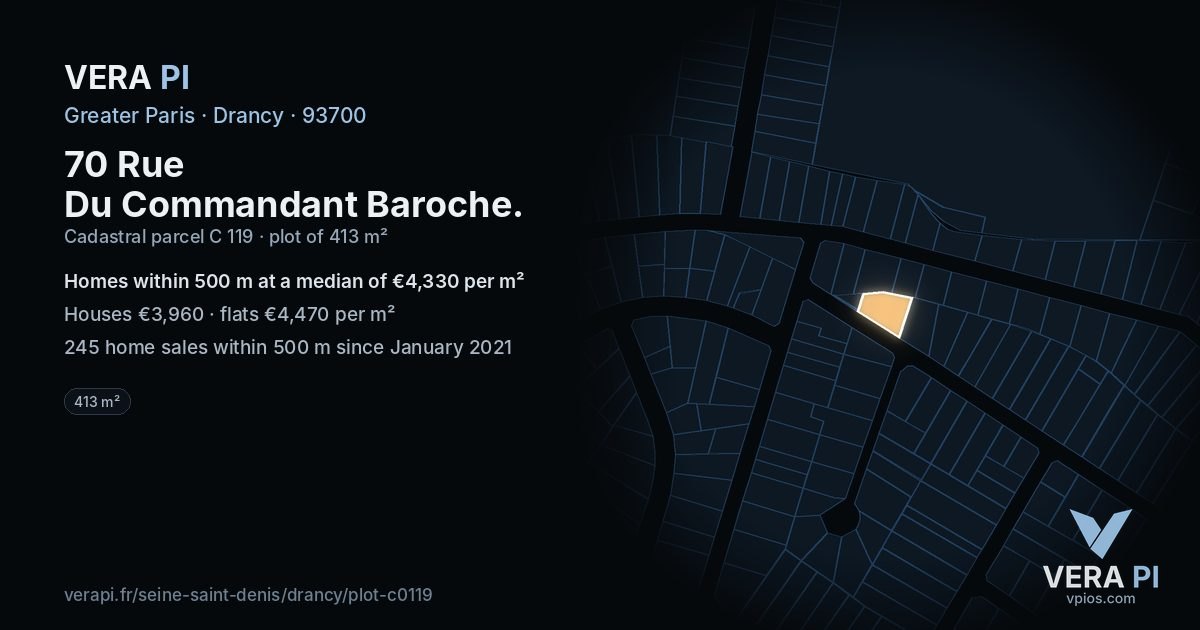 70 Rue Du Commandant Baroche, Drancy at night – the plot lit, the parcels around coloured by the prices near them