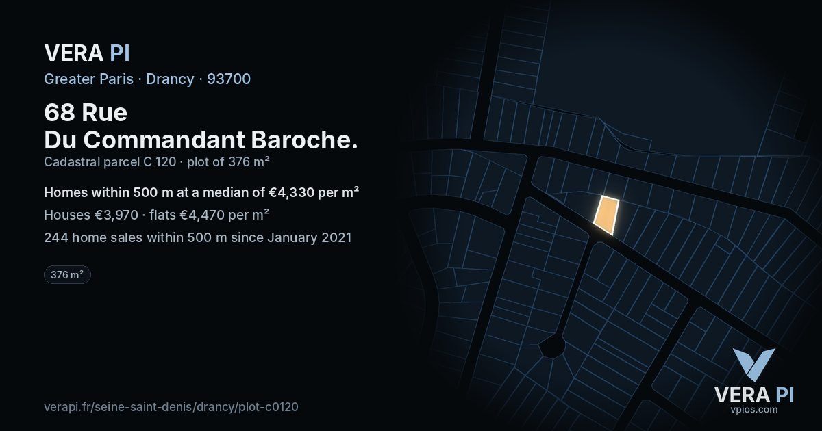 68 Rue Du Commandant Baroche, Drancy at night – the plot lit, the parcels around coloured by the prices near them