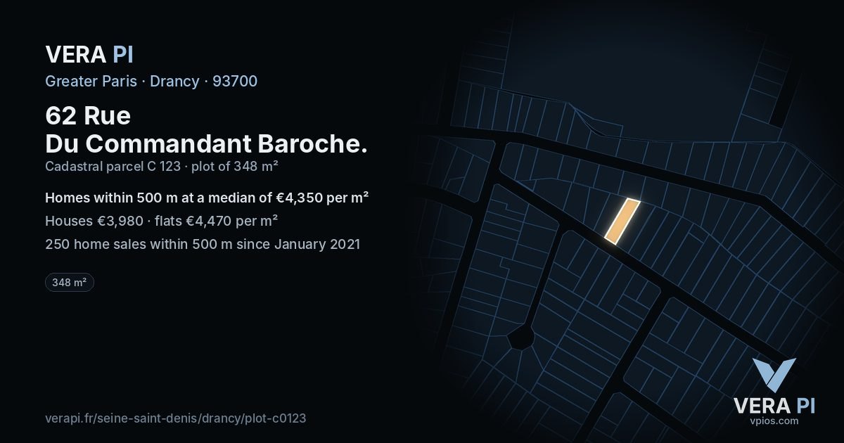 62 Rue Du Commandant Baroche, Drancy at night – the plot lit, the parcels around coloured by the prices near them