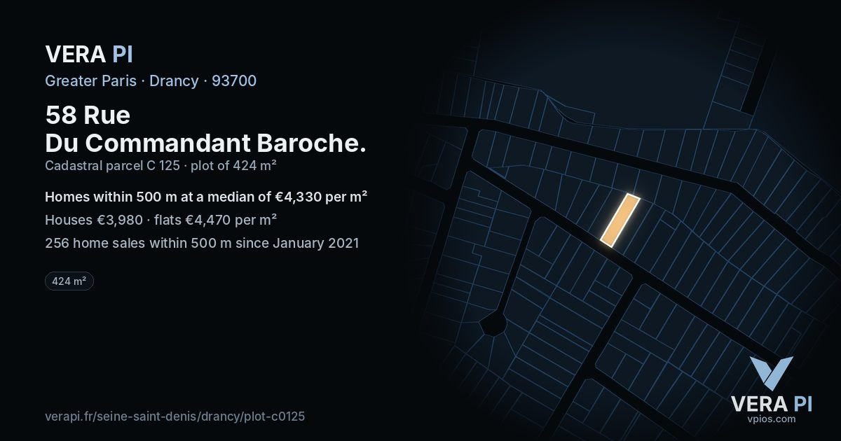 58 Rue Du Commandant Baroche, Drancy at night – the plot lit, the parcels around coloured by the prices near them