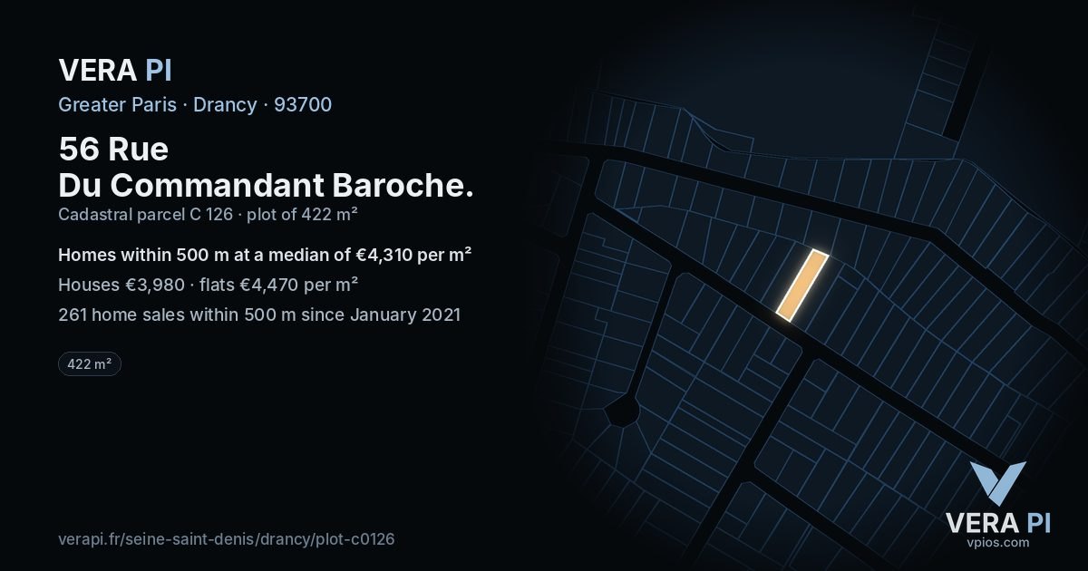 56 Rue Du Commandant Baroche, Drancy at night – the plot lit, the parcels around coloured by the prices near them