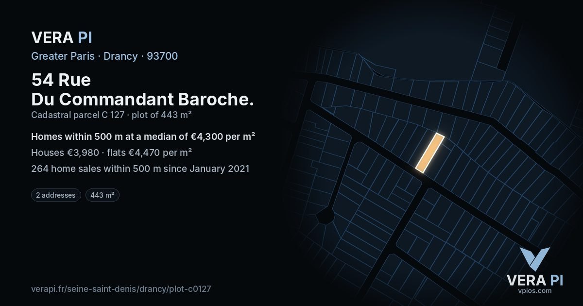 54 Rue Du Commandant Baroche, Drancy at night – the plot lit, the parcels around coloured by the prices near them
