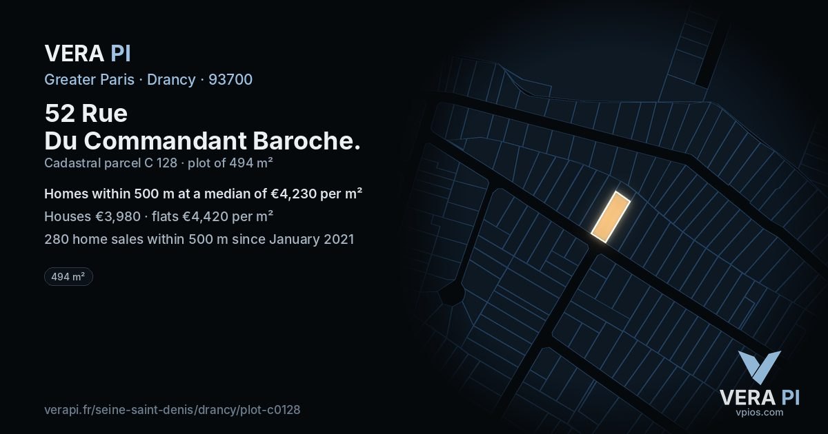 52 Rue Du Commandant Baroche, Drancy at night – the plot lit, the parcels around coloured by the prices near them