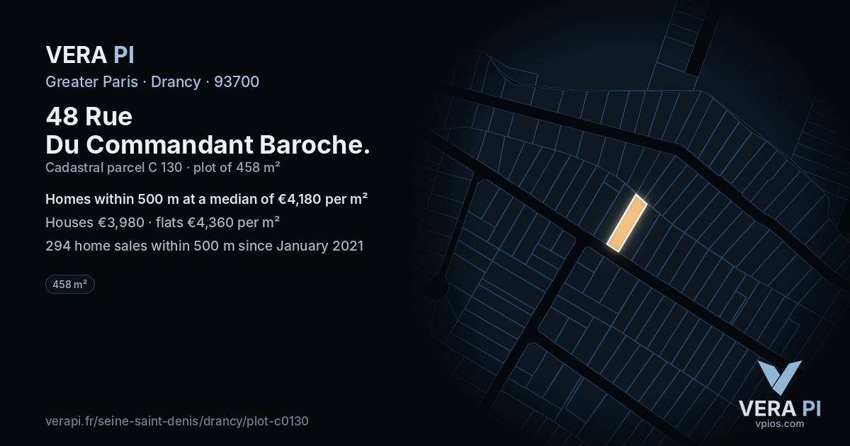 48 Rue Du Commandant Baroche, Drancy at night – the plot lit, the parcels around coloured by the prices near them