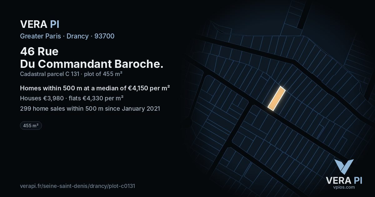46 Rue Du Commandant Baroche, Drancy at night – the plot lit, the parcels around coloured by the prices near them
