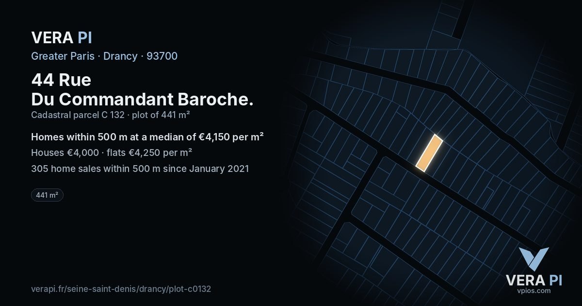44 Rue Du Commandant Baroche, Drancy at night – the plot lit, the parcels around coloured by the prices near them
