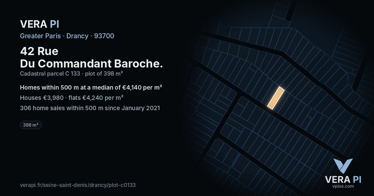 42 Rue Du Commandant Baroche, Drancy at night – the plot lit, the parcels around coloured by the prices near them