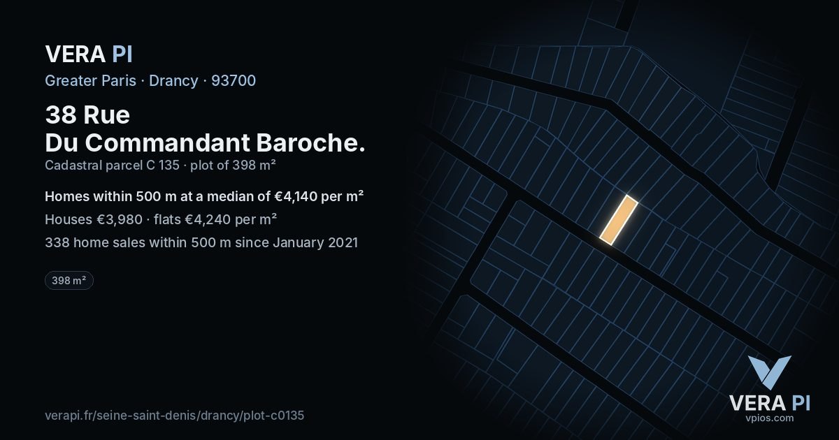 38 Rue Du Commandant Baroche, Drancy at night – the plot lit, the parcels around coloured by the prices near them