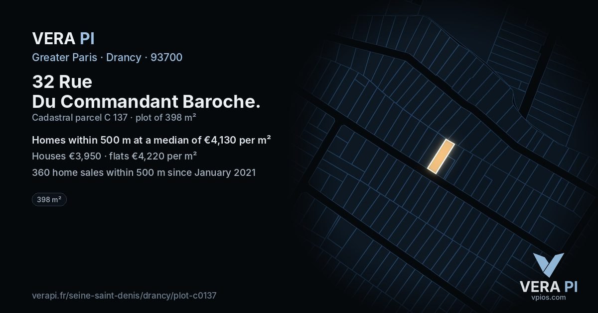 32 Rue Du Commandant Baroche, Drancy at night – the plot lit, the parcels around coloured by the prices near them